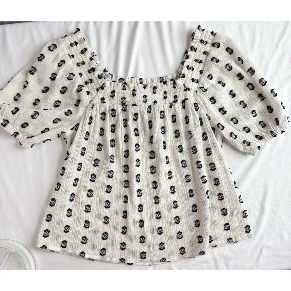 Loft Blouse Women's SP Petite Small White Black 3D Textured Embellished Puff